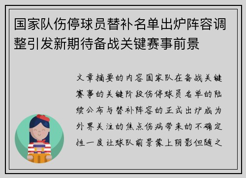 国家队伤停球员替补名单出炉阵容调整引发新期待备战关键赛事前景 国家队伤停球员替补名单出炉阵容调整引发新期待备战关键赛事前景
