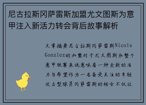 尼古拉斯冈萨雷斯加盟尤文图斯为意甲注入新活力转会背后故事解析 尼古拉斯冈萨雷斯加盟尤文图斯为意甲注入新活力转会背后故事解析