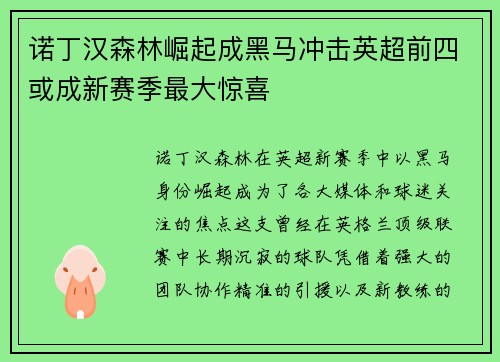 诺丁汉森林崛起成黑马冲击英超前四或成新赛季最大惊喜 诺丁汉森林崛起成黑马冲击英超前四或成新赛季最大惊喜
